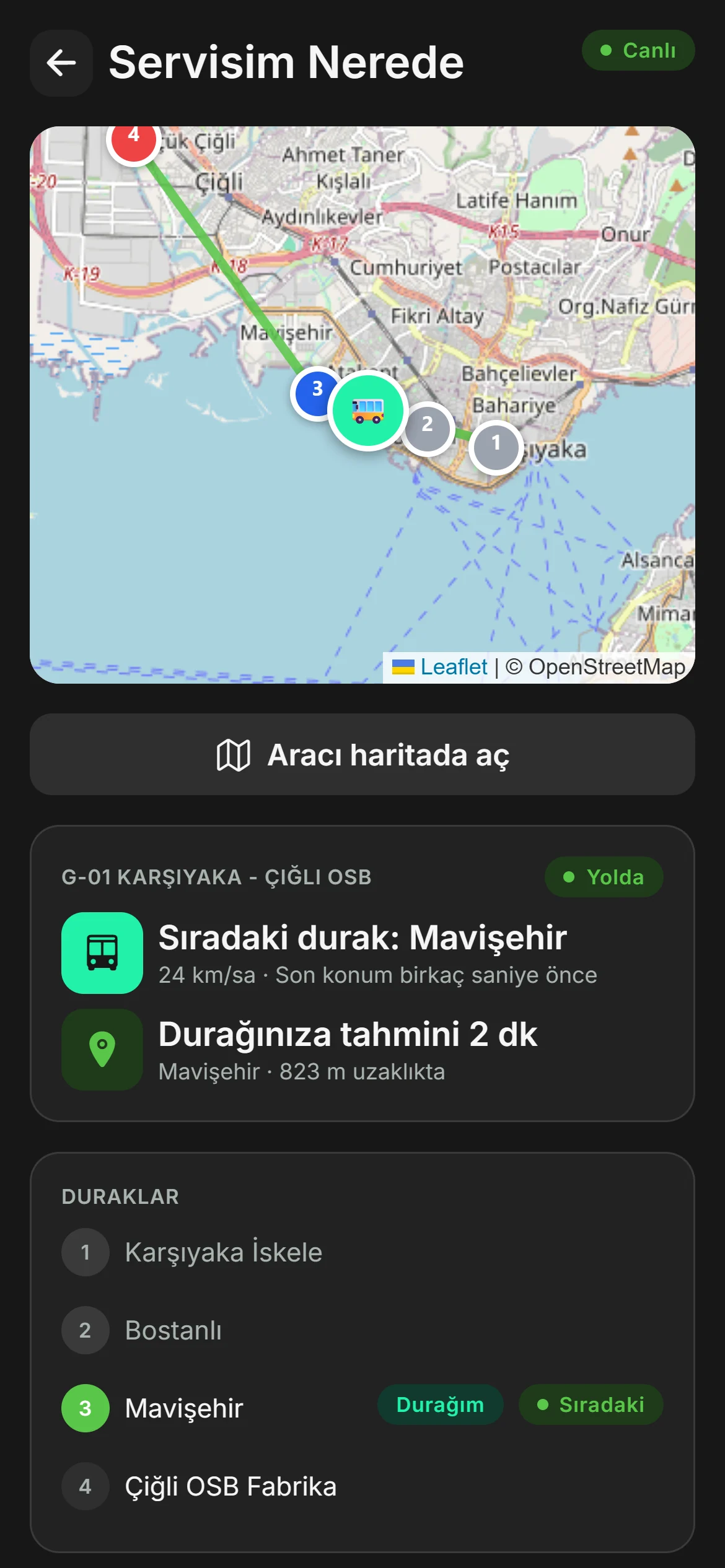 Çalışan uygulamasında canlı servis takibi haritası